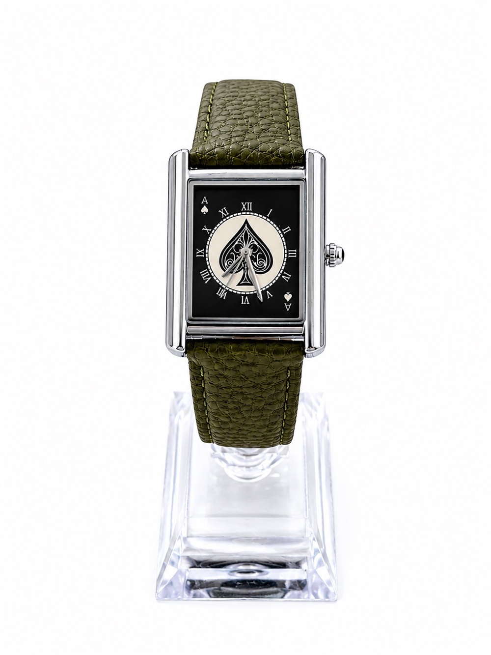 Ace of Spades Tank Style Watch Olive Green Strap Playing Card